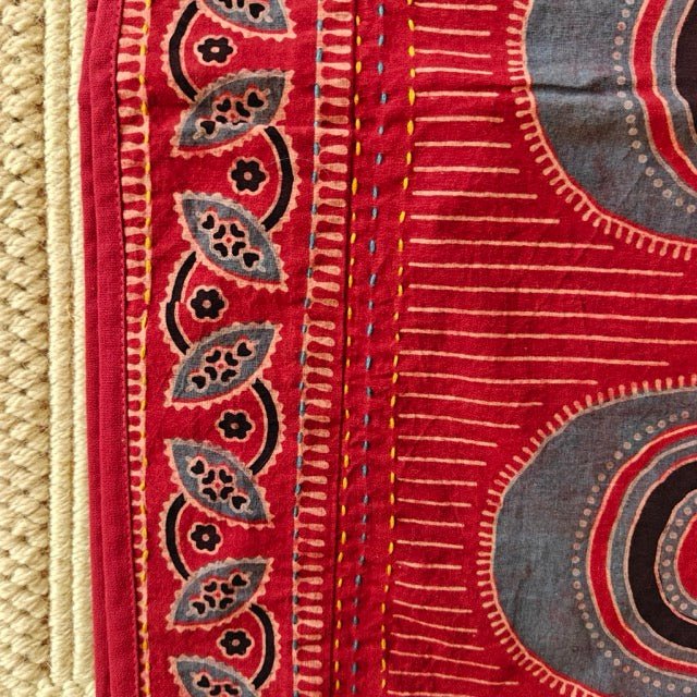 Surmai Ajrak Print Table Runner - Coral Slub -