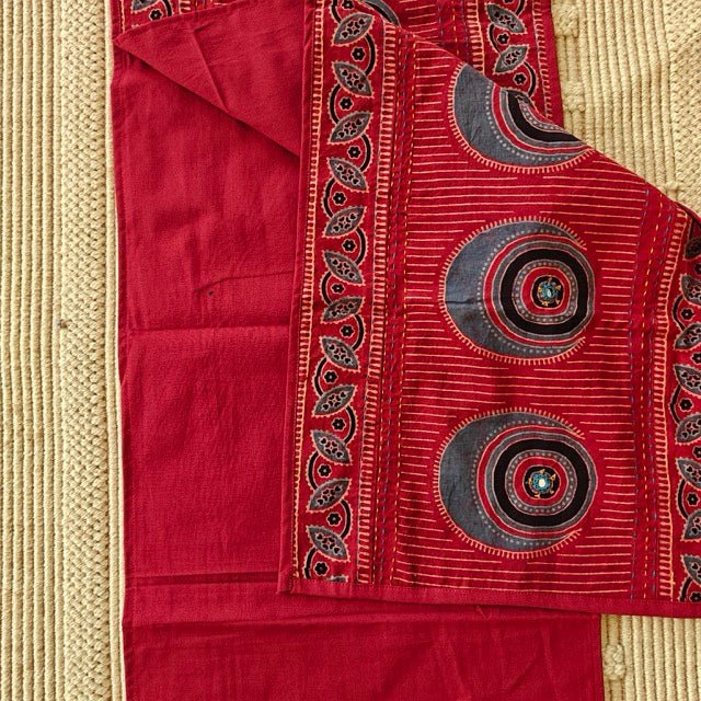 Surmai Ajrak Print Table Runner - Coral Slub -