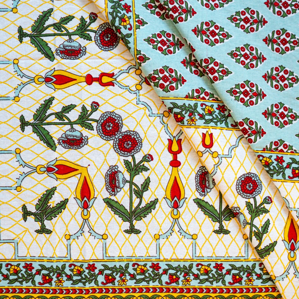 Taara 6 Seater Dining Table Cover, Block Print, 100% Cotton, 60" x 90" - Coral Slub - 