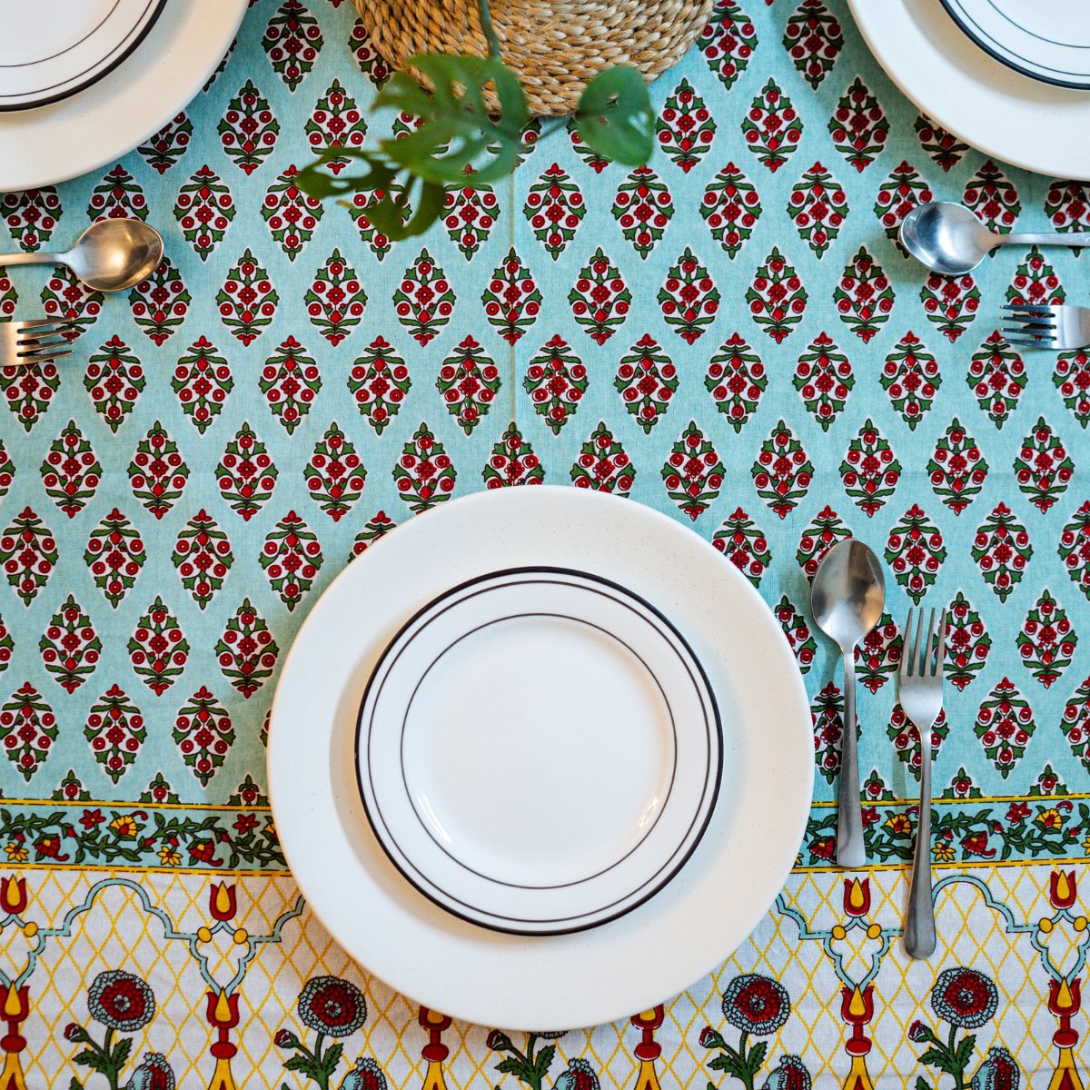 Taara 6 Seater Dining Table Cover, Block Print, 100% Cotton, 60" x 90" - Coral Slub - 