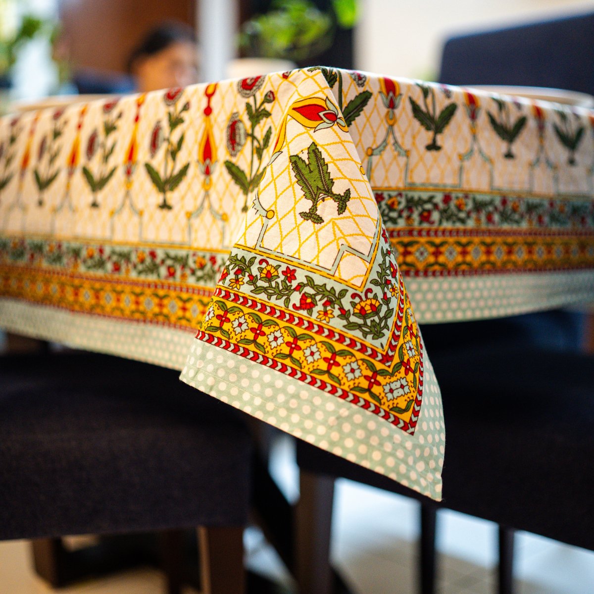 Taara 6 Seater Dining Table Cover, Block Print, 100% Cotton, 60" x 90" - Coral Slub - 