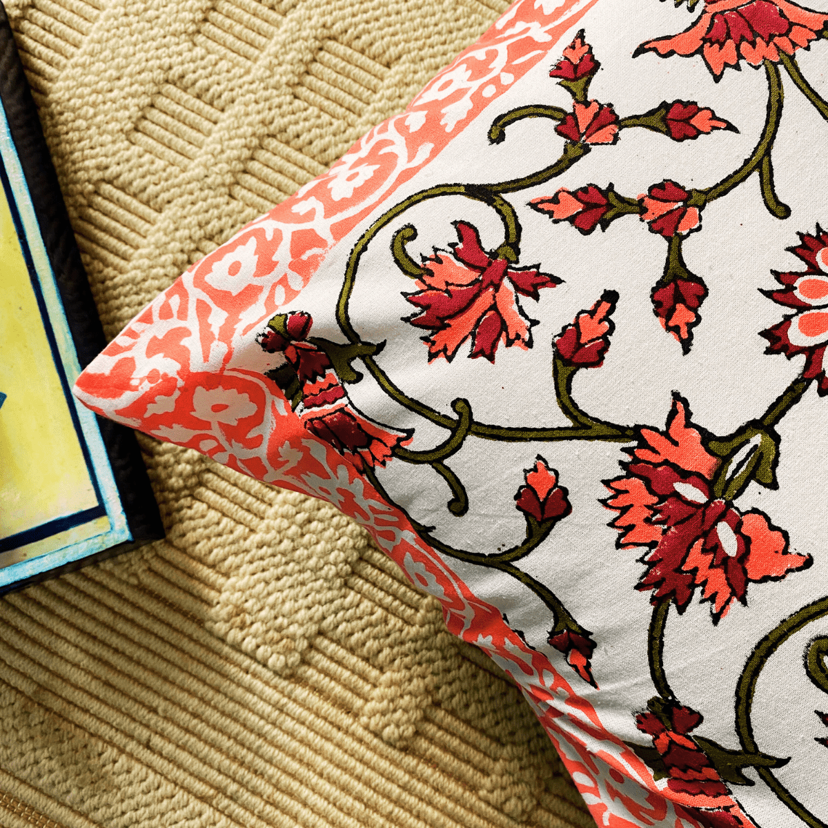 Taraash Hand Block Printed Cushion Covers, 16" x 16", Pack of 5 - Coral Slub - 