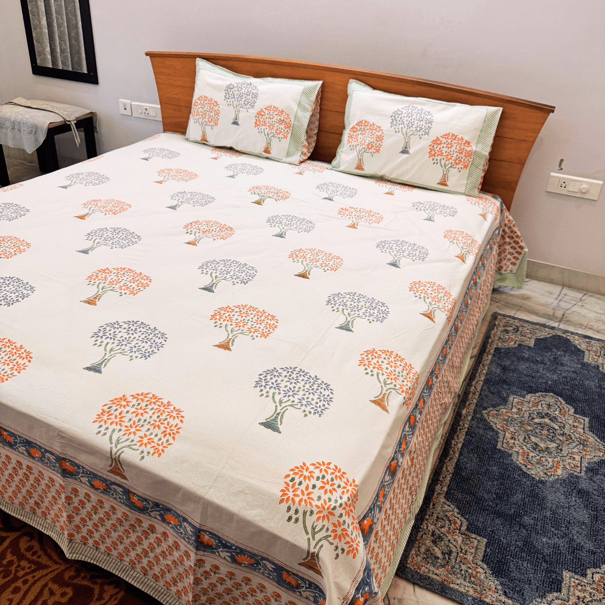 Taruna Block Print Bedsheet Set, King Size, 108" x 108" - Coral Slub - 