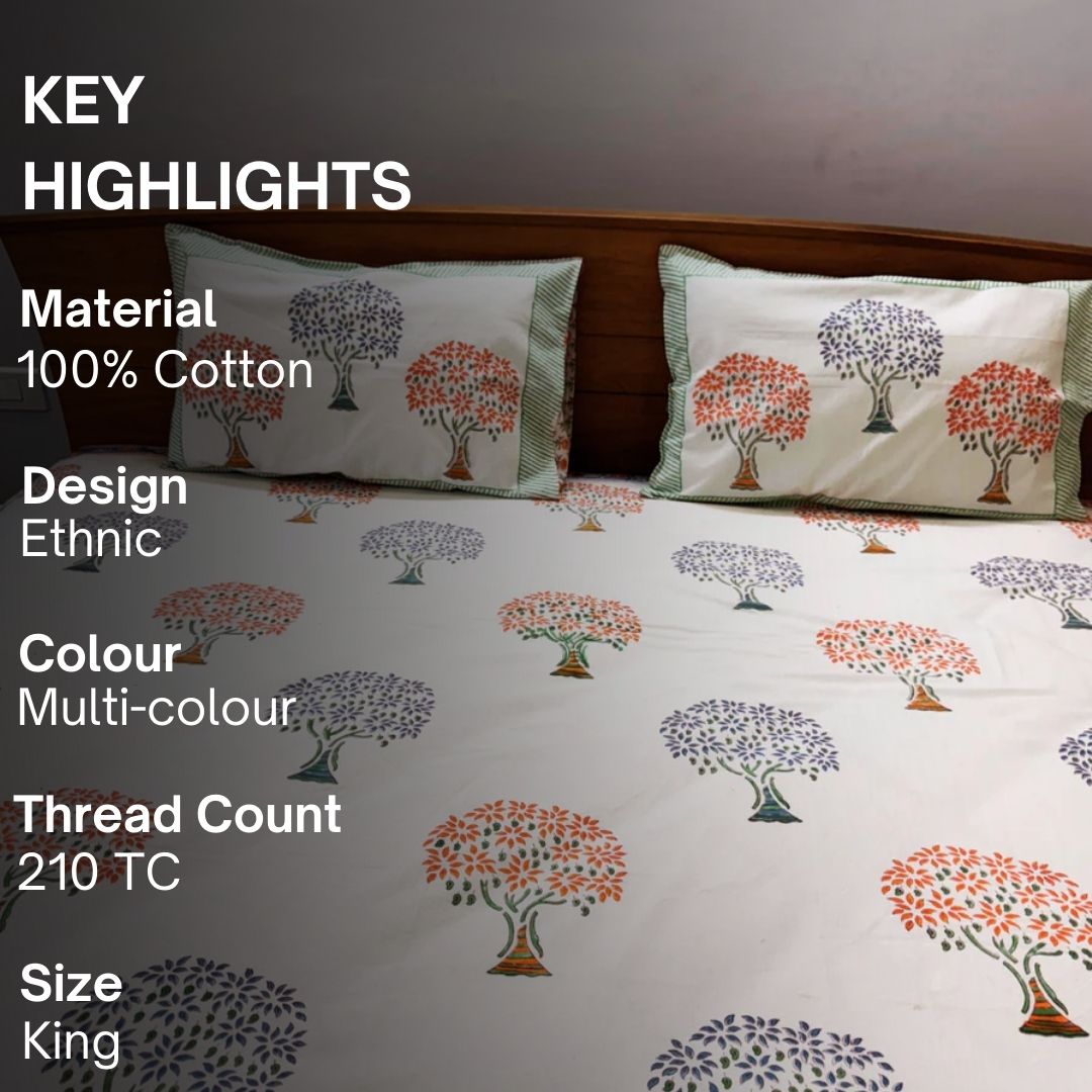 Taruna Block Print Bedsheet Set, King Size - Coral Slub - 
