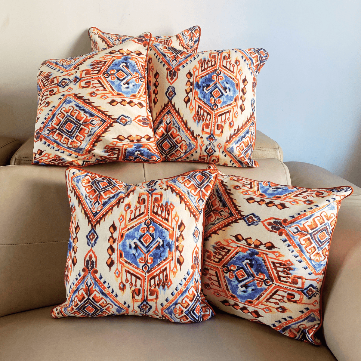 Terracotta Printed Cushion Covers, 16" x 16", Pack of 5 - Coral Slub - 