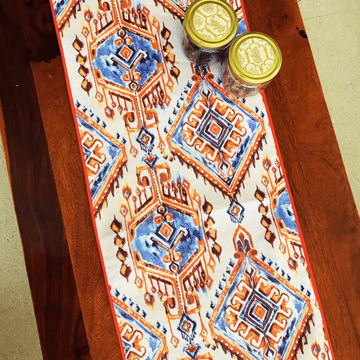 Terracotta Printed Table Runner, 100% cotton, 13" x 72" - Coral Slub - 