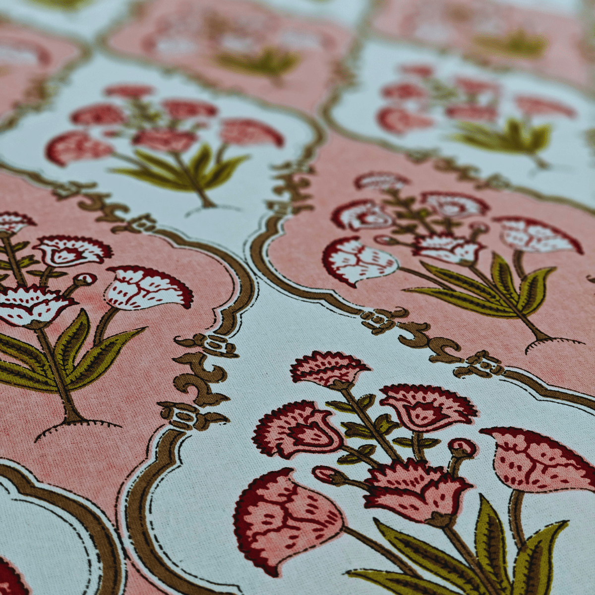 Topaz 6 Seater Dining Table Cover, Block Print, 100% Cotton, 60" x 90" - Coral Slub - 