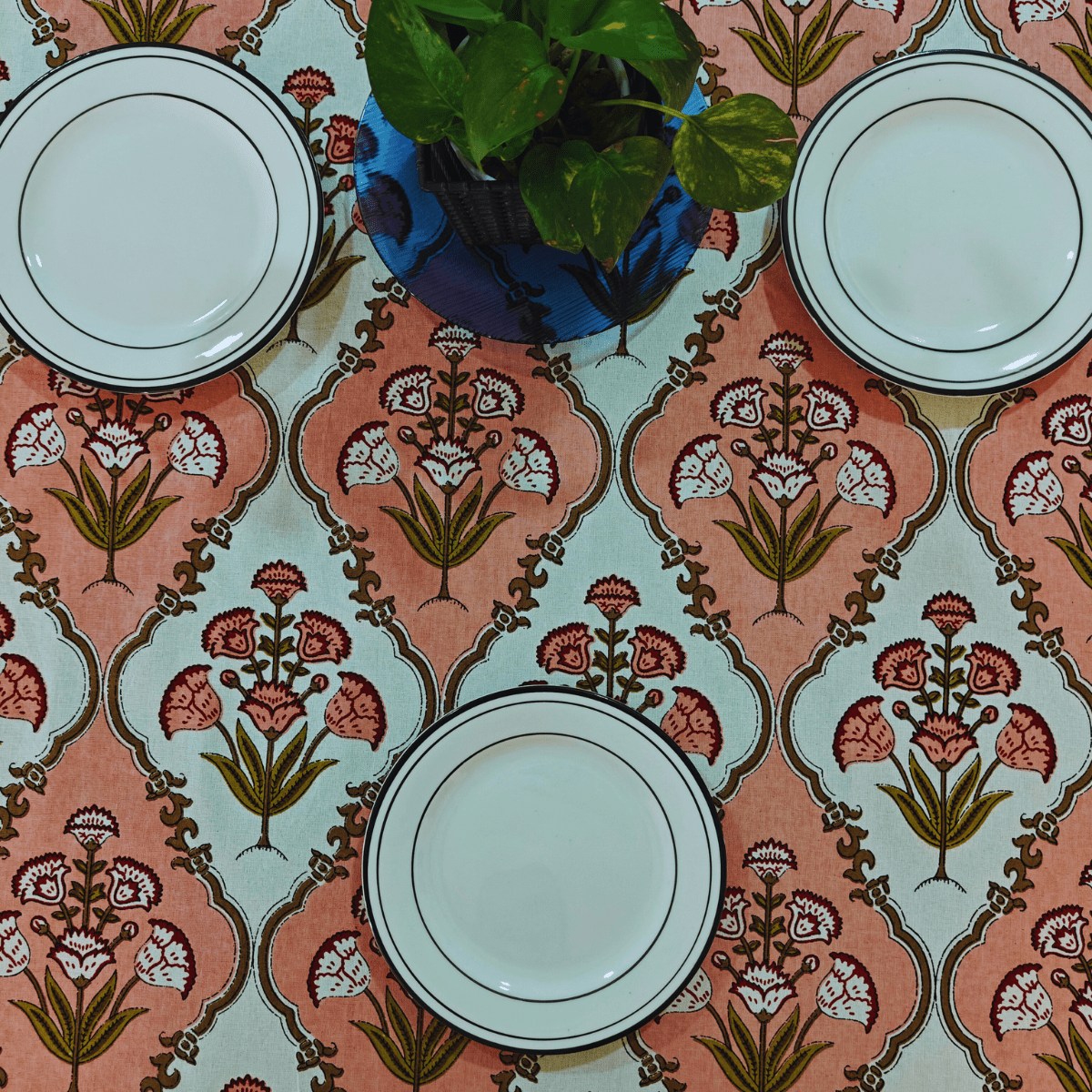 Topaz 6 Seater Dining Table Cover, Block Print, 100% Cotton, 60" x 90" - Coral Slub - 