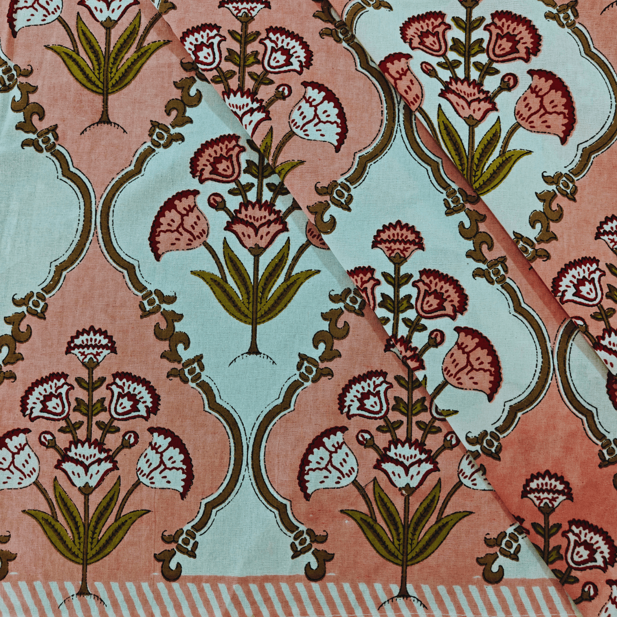 Topaz 6 Seater Dining Table Cover, Block Print, 100% Cotton, 60" x 90" - Coral Slub - 