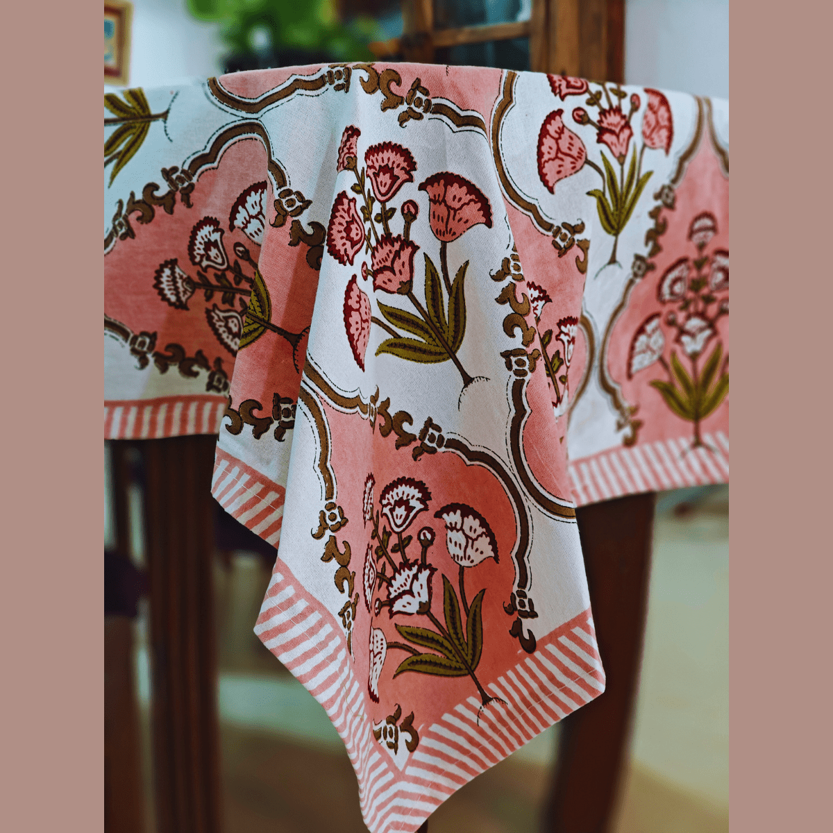 Topaz 6 Seater Dining Table Cover, Block Print, 100% Cotton, 60" x 90" - Coral Slub - 