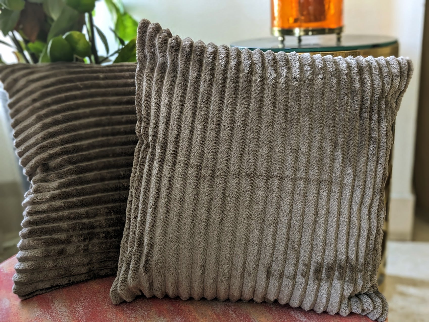 Velvet Cushion Covers, 16" x 16" – Steel Blue and Taupe (4 cushion covers) - Coral Slub - 