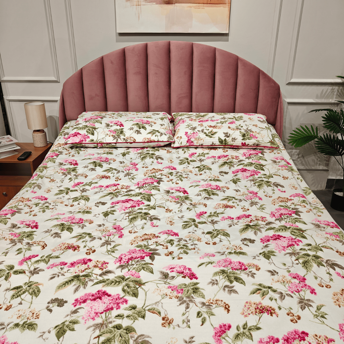 Velvet Flora King Size Bedsheet Set (108" x 108") – 100% Cotton, Quilted Pillow Covers - Coral Slub - 