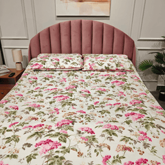 Velvet Flora King Size Bedsheet Set (108" x 108") – 100% Cotton, Quilted Pillow Covers - Coral Slub - 