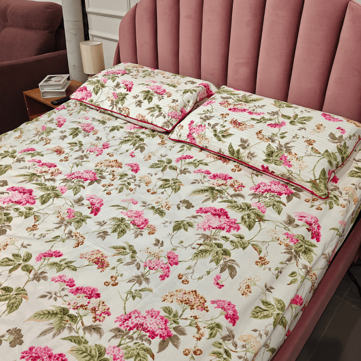 Velvet Flora King Size Bedsheet Set (108" x 108") – 100% Cotton, Quilted Pillow Covers - Coral Slub - 