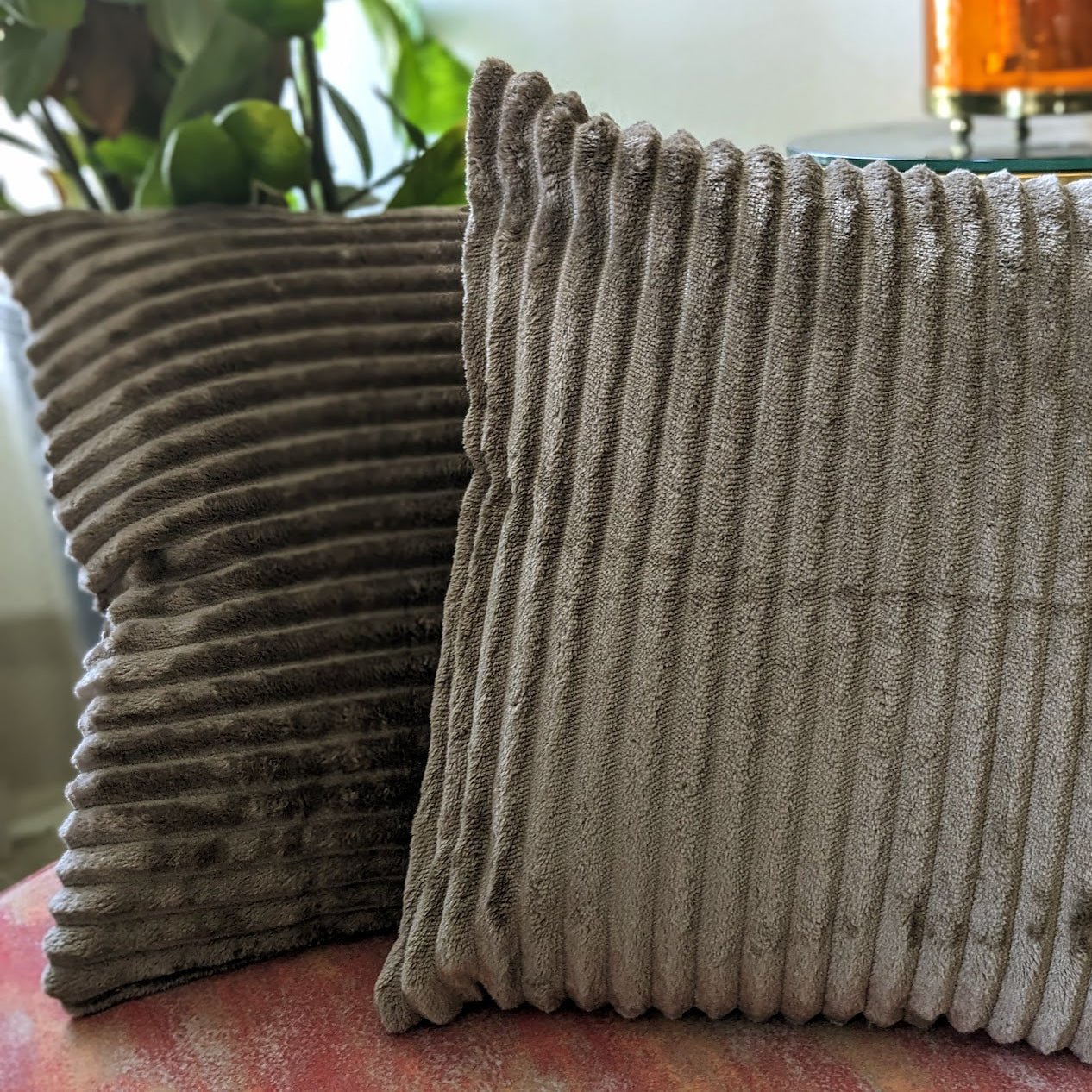 Velvet Trail Taupe Cushion Cover, Pack of 2, 16" x 16" - Coral Slub - 