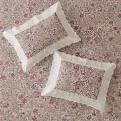 Verdant Botanic Print Bedsheet Set, King Size, Lace Pillows - Coral Slub -