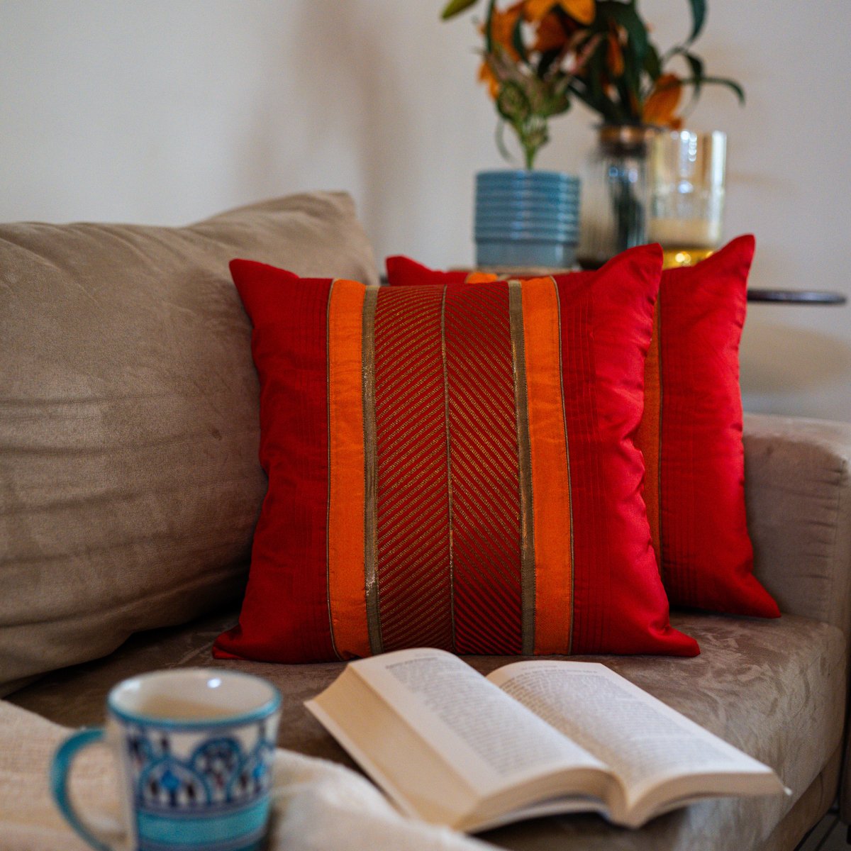 Vibrance Red Cushion Cover, 16" x 16", Pack of 1 - Coral Slub - 