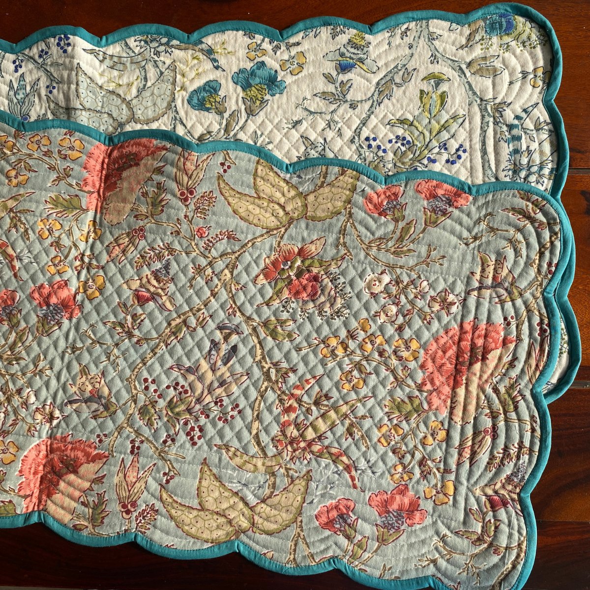 Vintage Blossom Reversible Table Runner, 100% cotton, 13" x 72" - Coral Slub - 