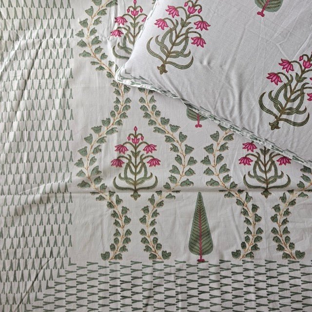 Vrinda Block Print Bedsheet Set, King Size - Coral Slub -