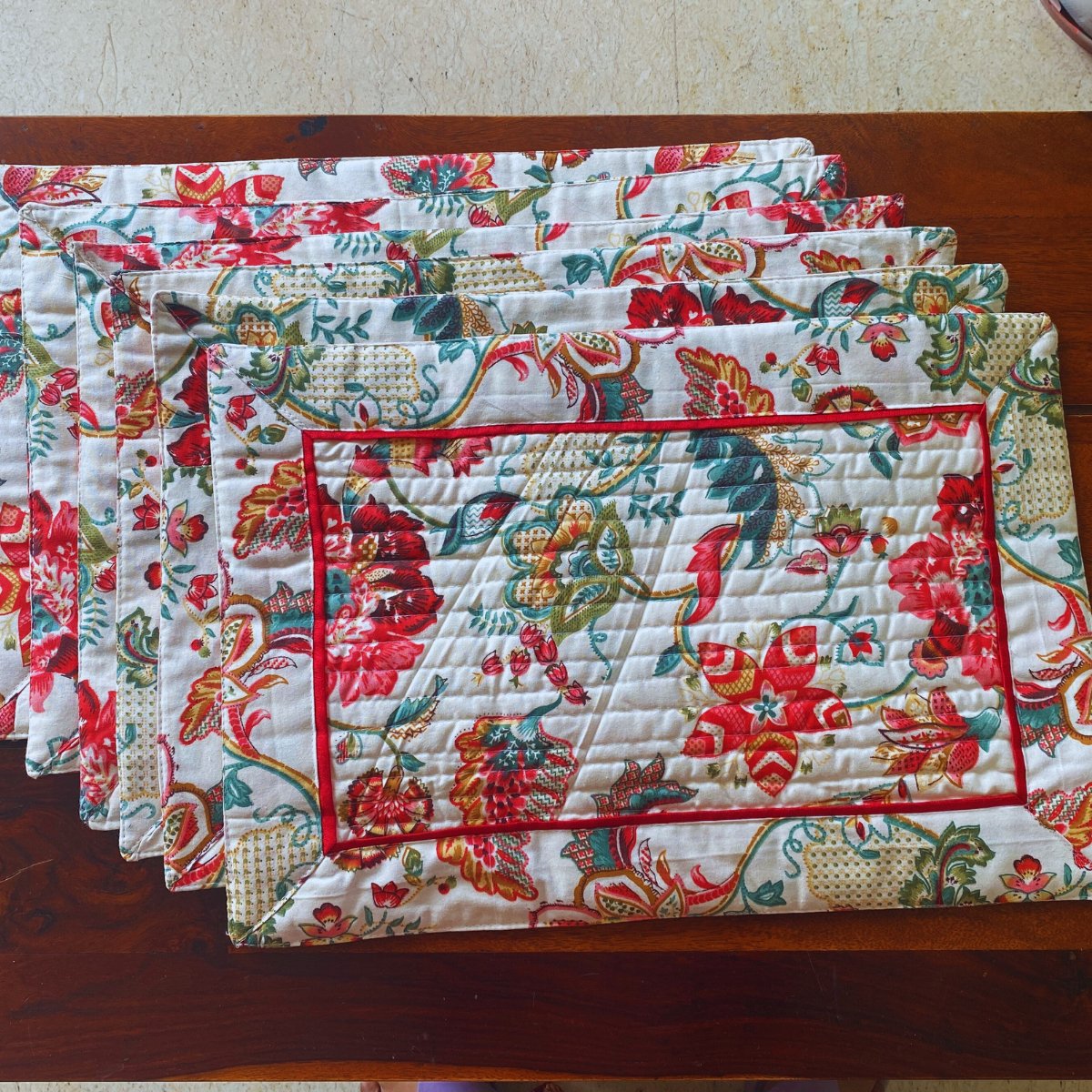 Wheat Meadow Garden Print Cotton Placemats, 13" x 19", Set of 6 - Coral Slub - 