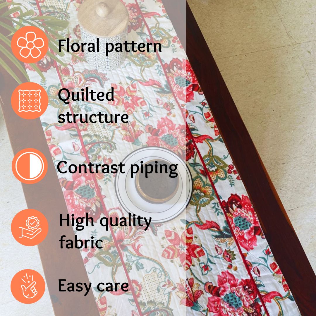 Wheat Meadow Garden Print Table Runner, 100% cotton, 15" x 72" - Coral Slub - 