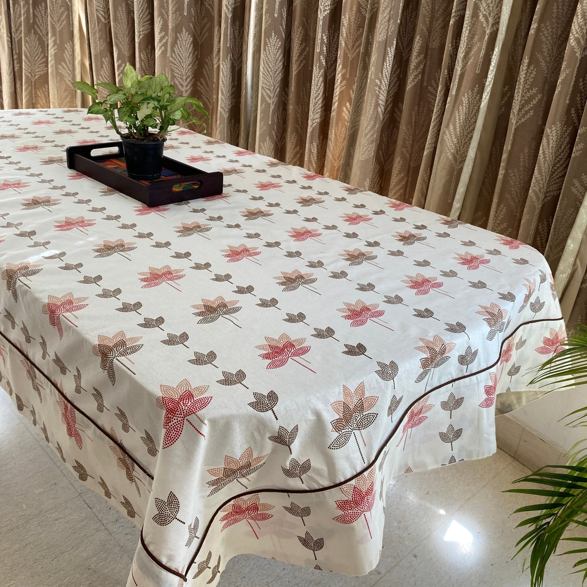 Whispering Petals 6 Seater Dining Table Cover, 100% Cotton, 60" x 90" - Coral Slub - 