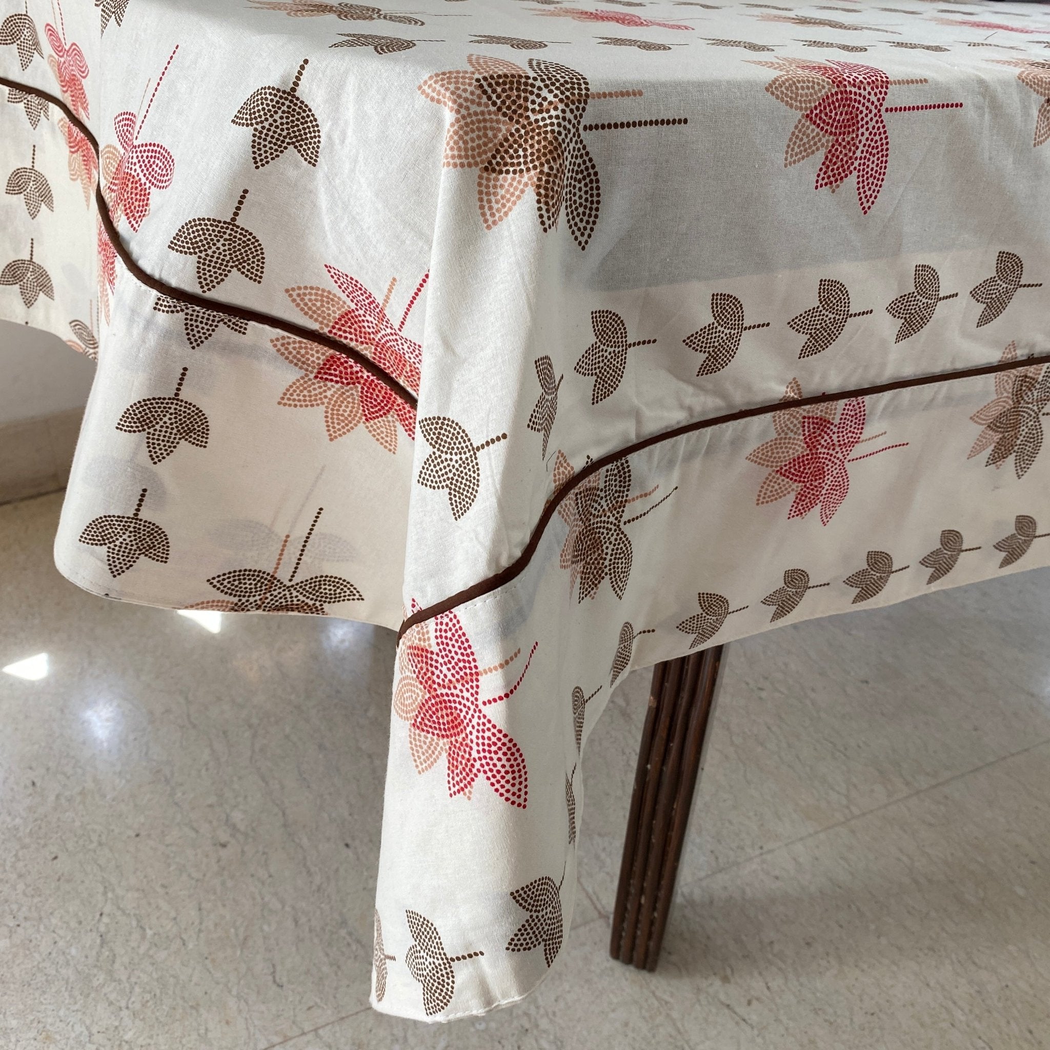 Whispering Petals 6 Seater Dining Table Cover, 100% Cotton, 60" x 90" - Coral Slub - 