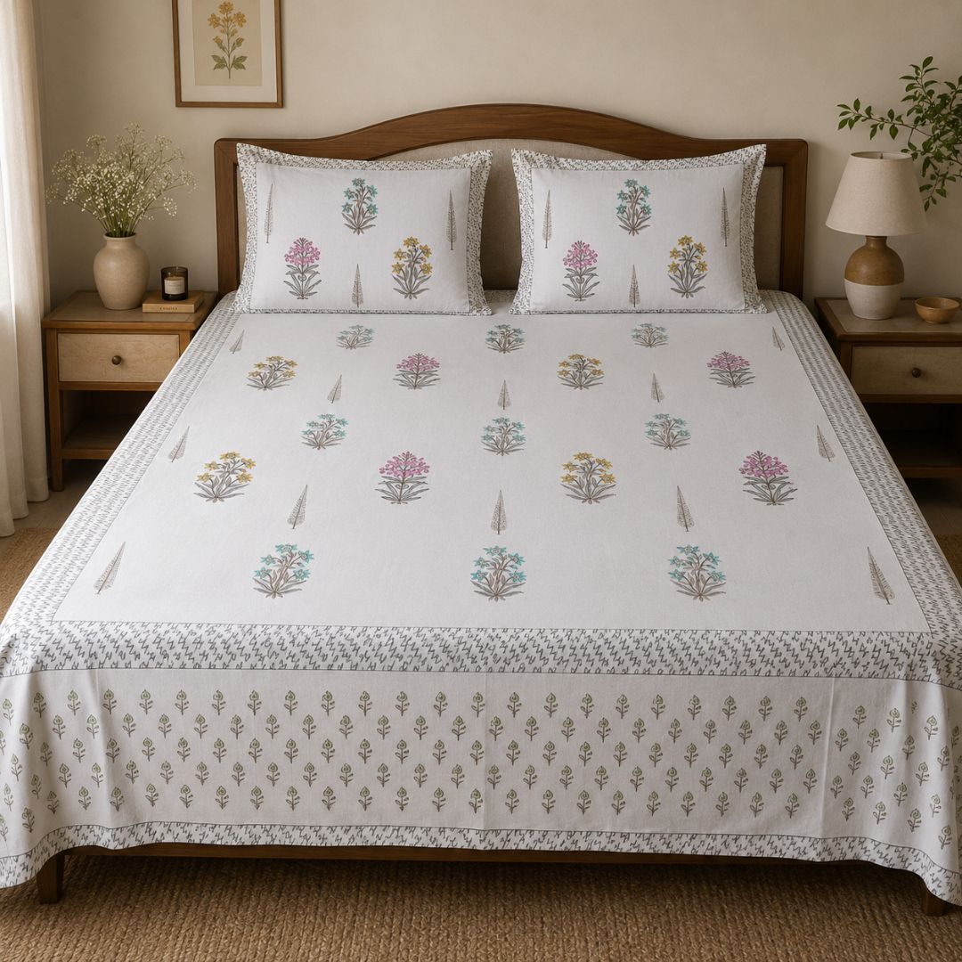 Harsingar Block Print Bedsheet Set, King Size