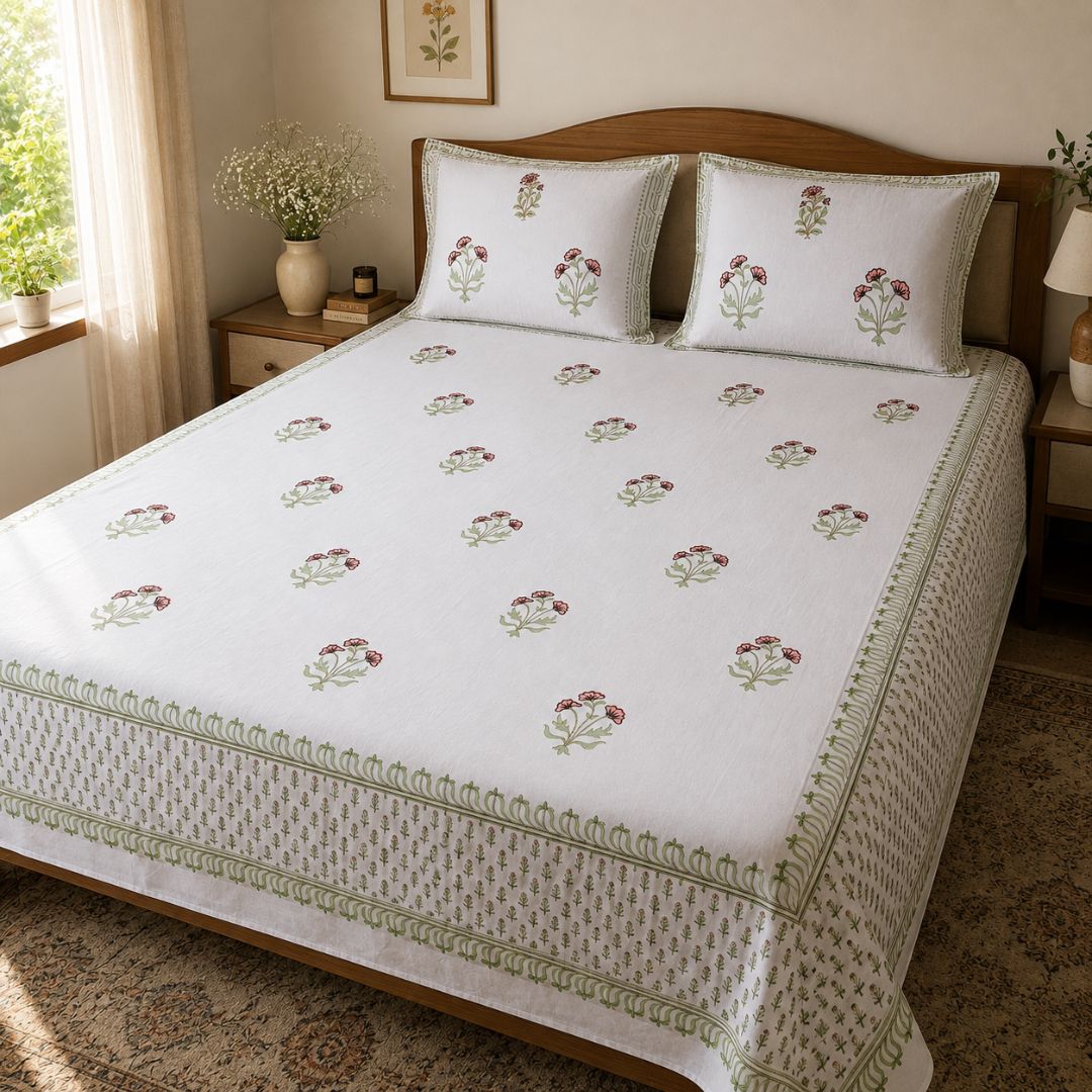Kadamb Block Print Bedsheet Set, King Size