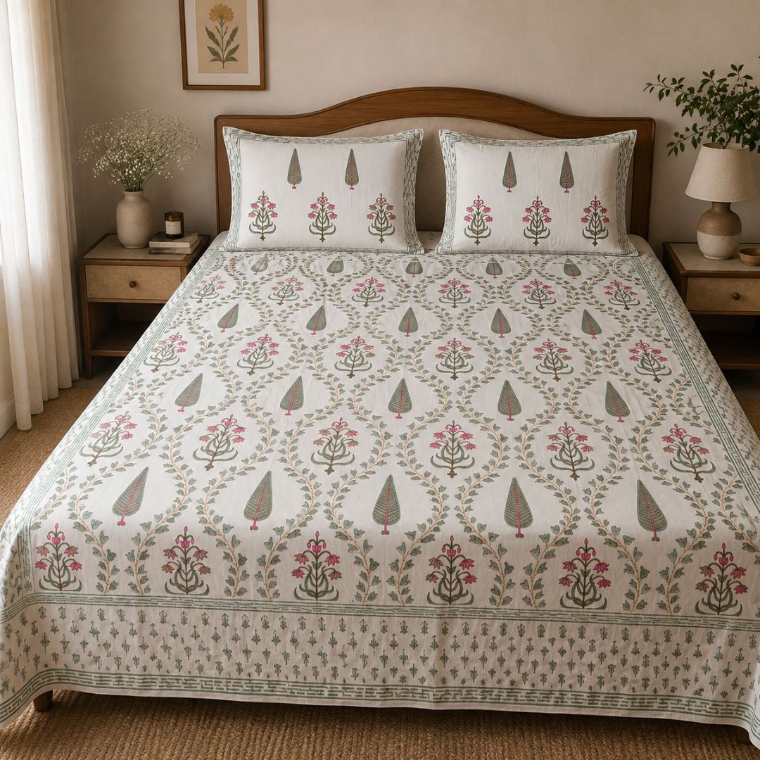 Vrinda Block Print Bedsheet Set, King Size