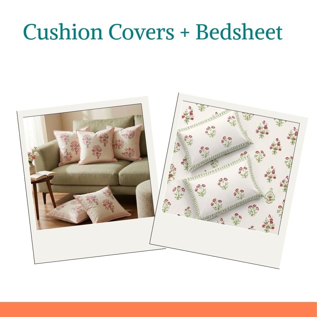 Zareen & Kadamb Bedroom Combo – Block Print Cushion Covers & King Size Bedsheet - Coral Slub -