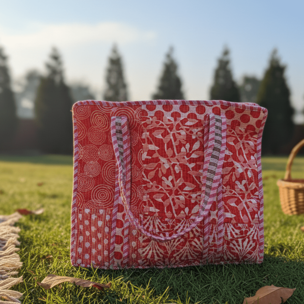 Ziba Block Print Tote Bag - Coral Slub - 