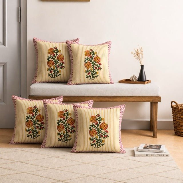 Zivah Printed Cushion Covers, Pack of 5 - Coral Slub - 